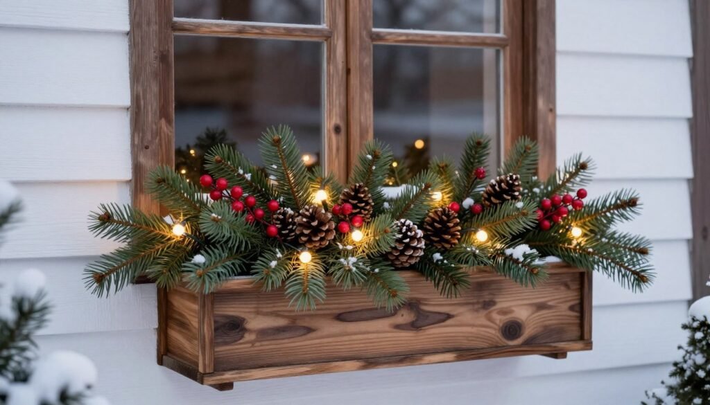 A window planter box in winter decorated with evergreen branches, pinecones, and red berries A window planter box in winter decorated with evergreen branches, pinecones, and red berries