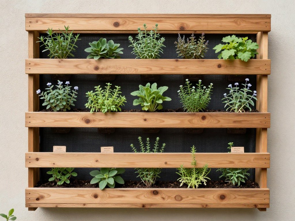 A wooden pallet mounted vertically on a wall with herbs planted between the slats, creating a rustic vertical garden A wooden pallet mounted vertically on a wall with herbs planted between the slats, creating a rustic vertical garden