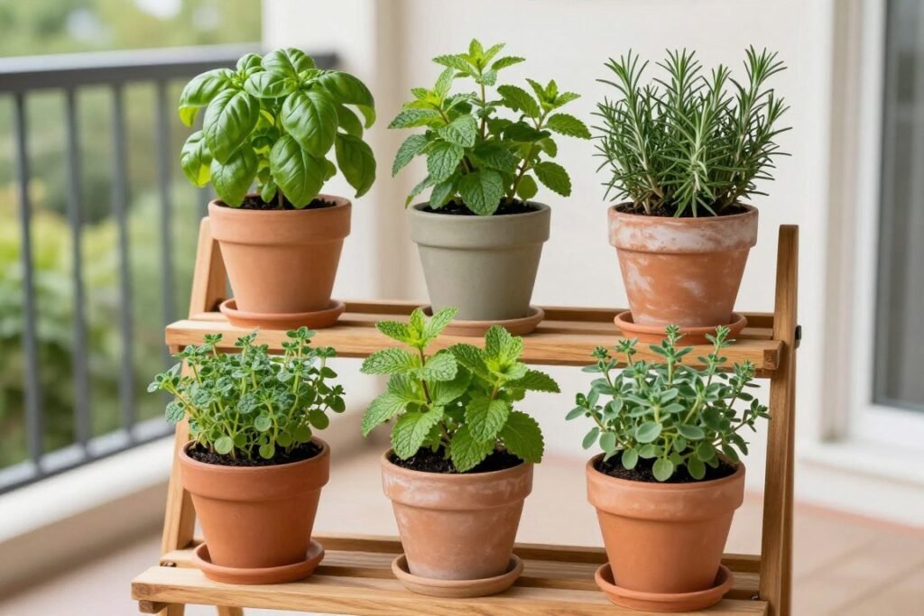 A wooden tiered plant stand with multiple levels holding various herb pots, creating a compact vertical display A wooden tiered plant stand with multiple levels holding various herb pots, creating a compact vertical display