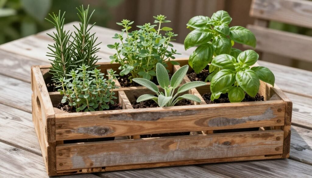 A wooden wine crate repurposed as an herb garden with multiple herbs growing in separate sections, placed on an outdoor table A wooden wine crate repurposed as an herb garden with multiple herbs growing in separate sections, placed on an outdoor table