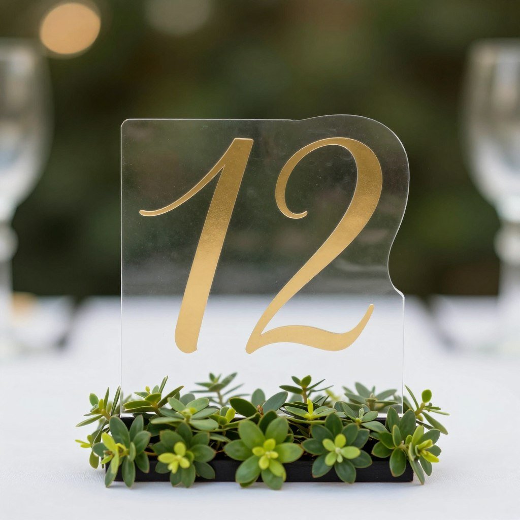 Acrylic wedding table numbers with gold calligraphy and greenery base