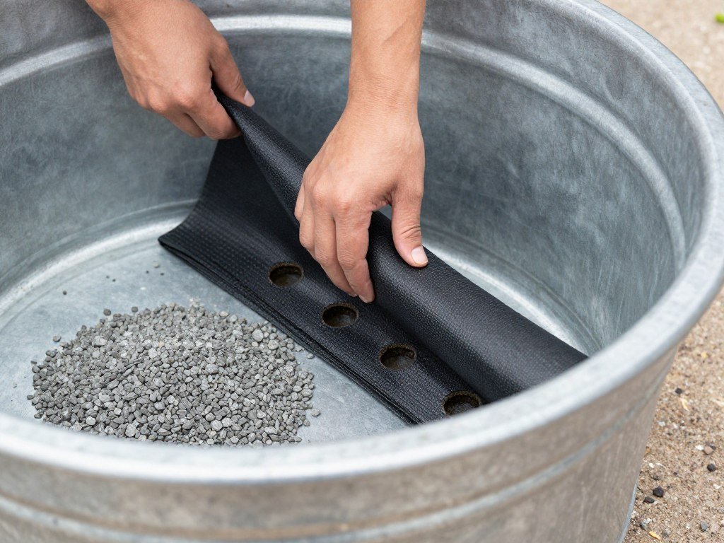 Adding landscape fabric and drainage layer to a galvanized tub
