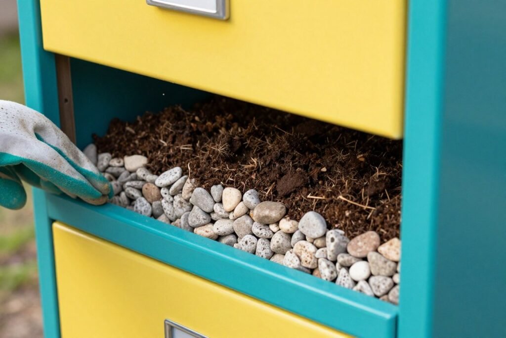Adding layers of drainage material and soil to a file cabinet planter
