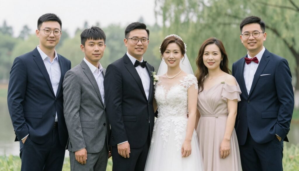 Adult siblings standing together smiling at wedding