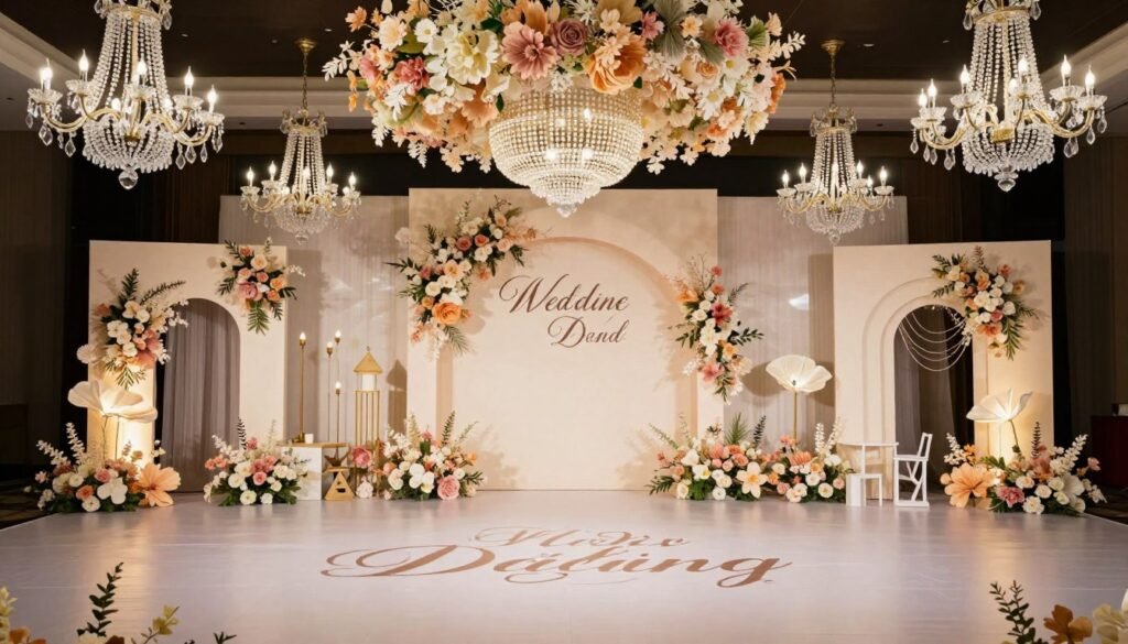 Advanced DIY wedding decorations including a handmade chandelier, large floral installation, and custom signage