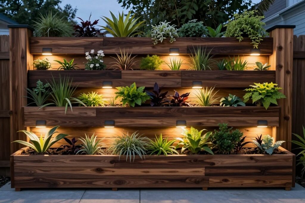 Advanced tiered privacy planter wall with integrated lighting