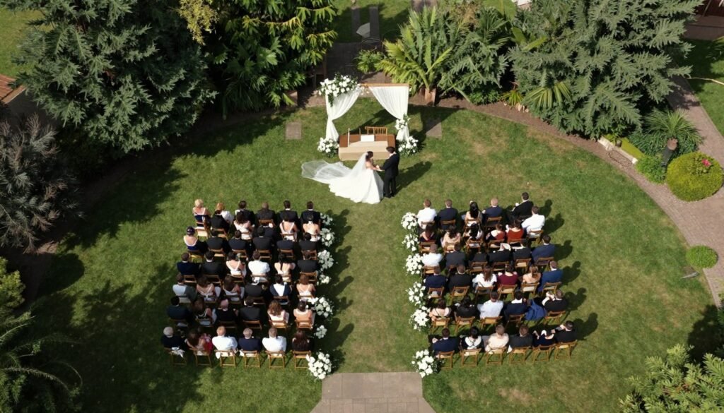 Aerial drone view of wedding ceremony from above