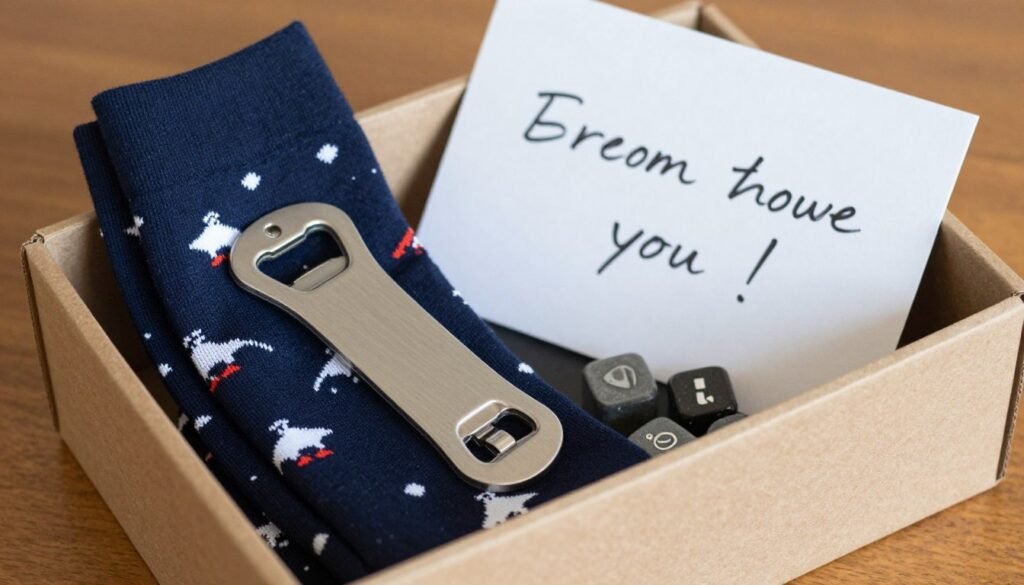Affordable groomsmen proposal box with budget-friendly items like socks, bottle opener, and card