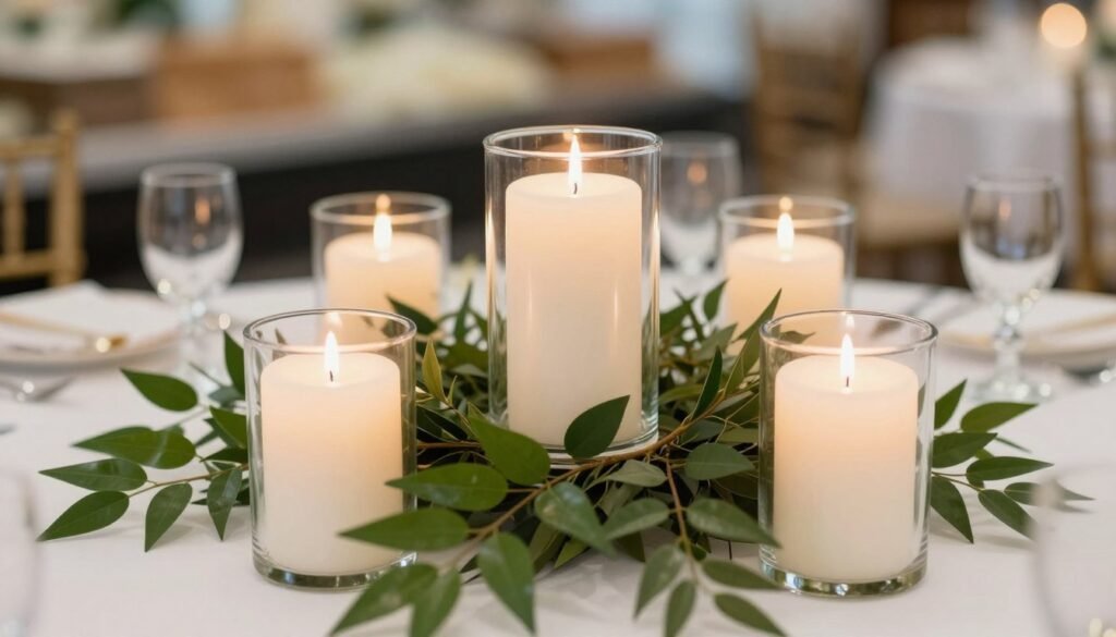 Affordable wedding centerpiece with candles and greenery