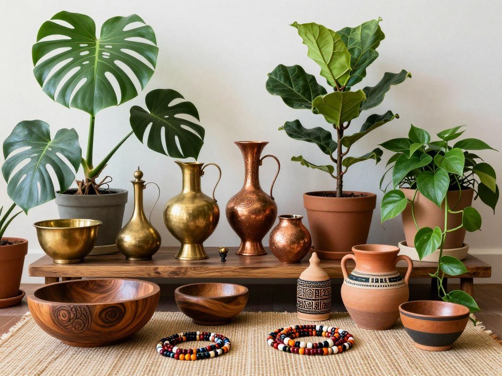 Afro boho accessories including carved wooden bowls, brass vessels, and lush plants Afro boho accessories including carved wooden bowls, brass vessels, and lush plants