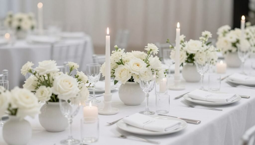 All-white monochrome wedding table decoration with varied textures