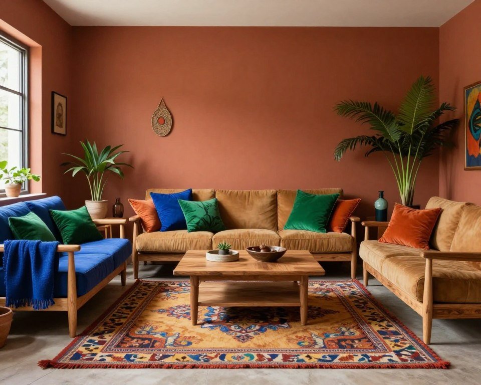 An afro boho living room showcasing an earthy color palette with vibrant accent colors An afro boho living room showcasing an earthy color palette with vibrant accent colors