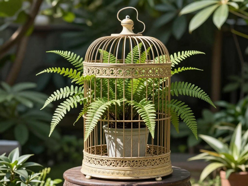 An antique birdcage planter with patina and ornate details holding ferns