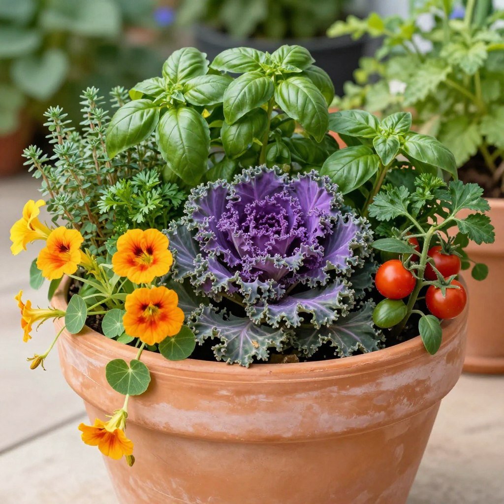 An edible planter arrangement combining ornamental kale, herbs, nasturtiums, and cherry tomatoes in a terracotta pot