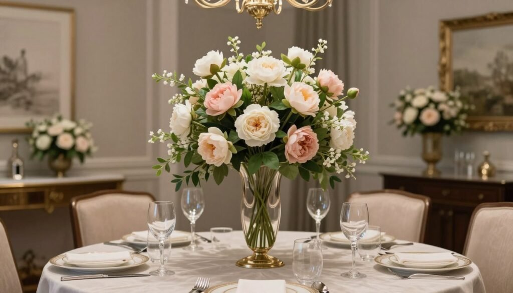 An elegant dining room table with a stunning fake flowers decor centerpiece arrangement An elegant dining room table with a stunning fake flowers decor centerpiece arrangement