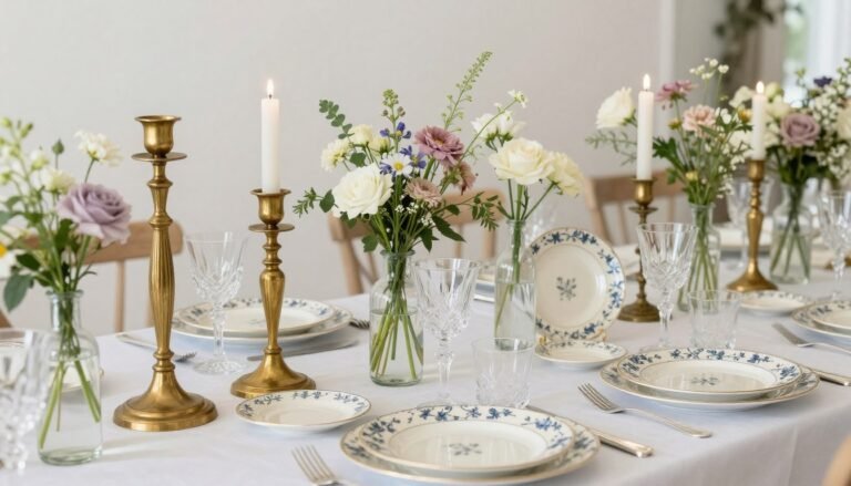 An elegant wedding reception table decorated with thrifted wedding decor including vintage candlesticks, mismatched china plates, and repurposed glass bottles filled with wildflowers