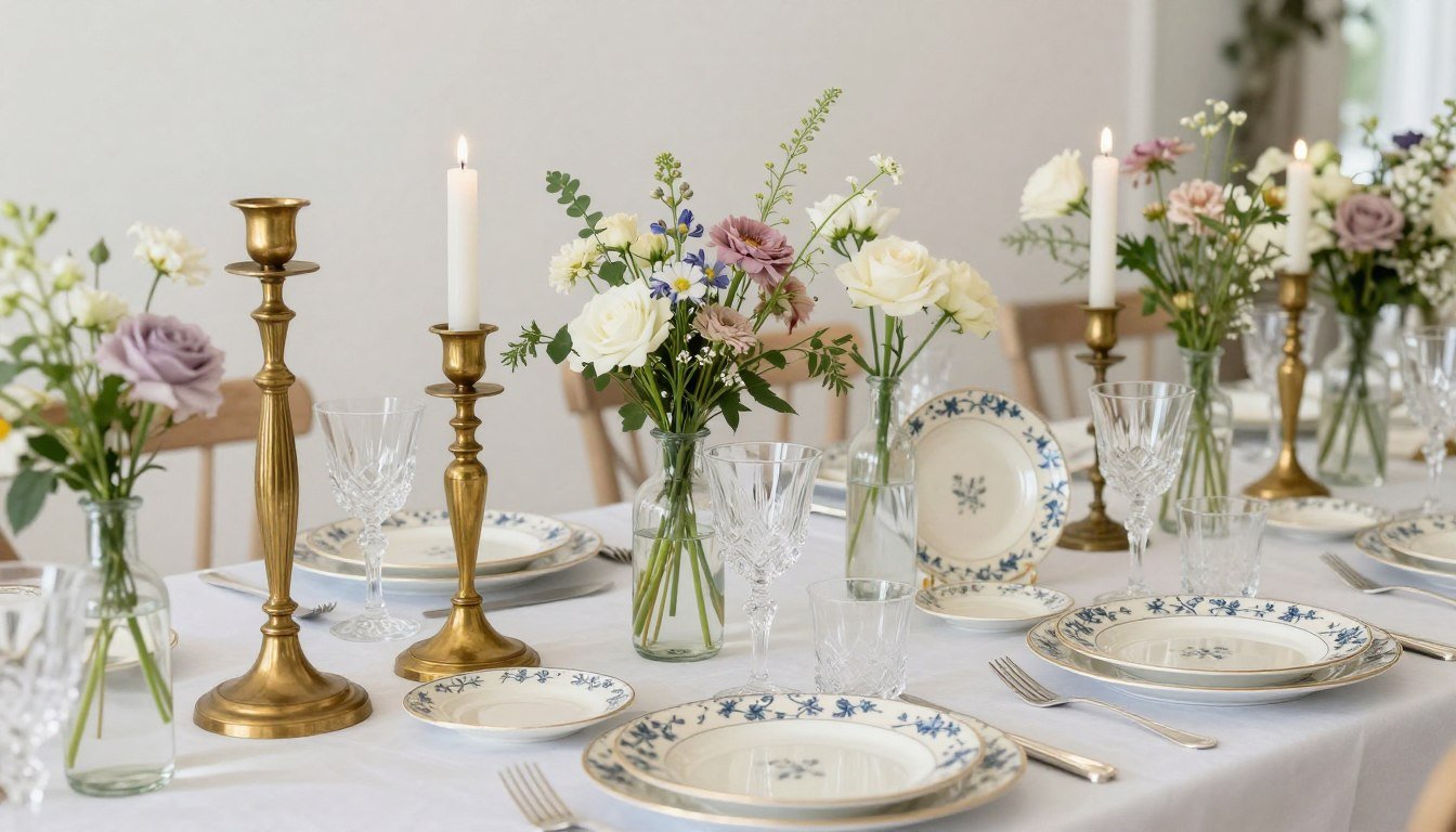 An elegant wedding reception table decorated with thrifted wedding decor including vintage candlesticks, mismatched china plates, and repurposed glass bottles filled with wildflowers