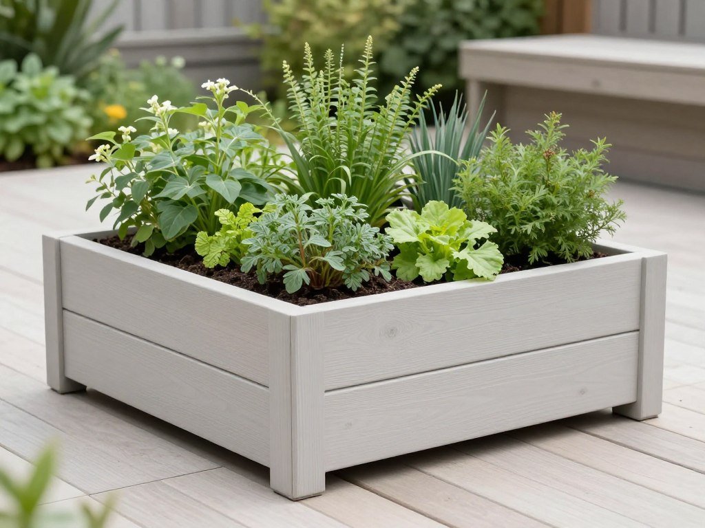 An elevated cedar planter box on a patio with herbs and vegetables growing An elevated cedar planter box on a patio with herbs and vegetables growing