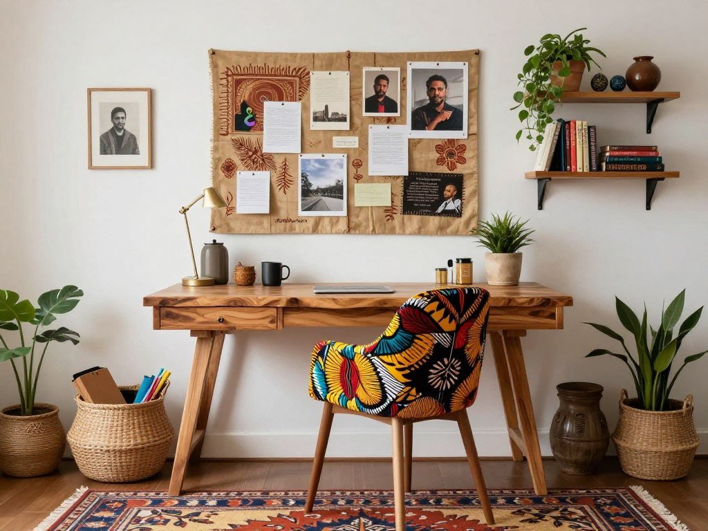 An inspiring afro boho home office with a character desk, cultural artifacts, and organized storage An inspiring afro boho home office with a character desk, cultural artifacts, and organized storage
