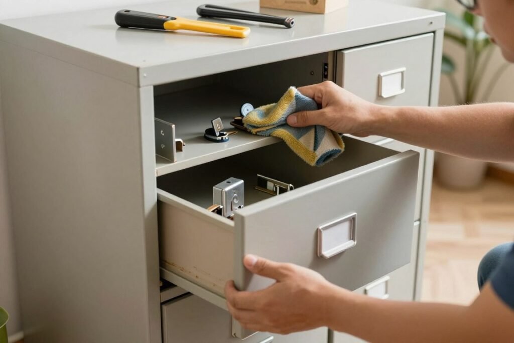 An old file cabinet being prepared for transformation into a planter