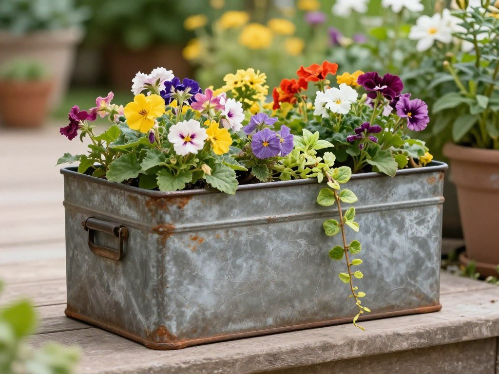 An old metal toolbox repurposed as a planter filled with colorful flowers and trailing vines An old metal toolbox repurposed as a planter filled with colorful flowers and trailing vines