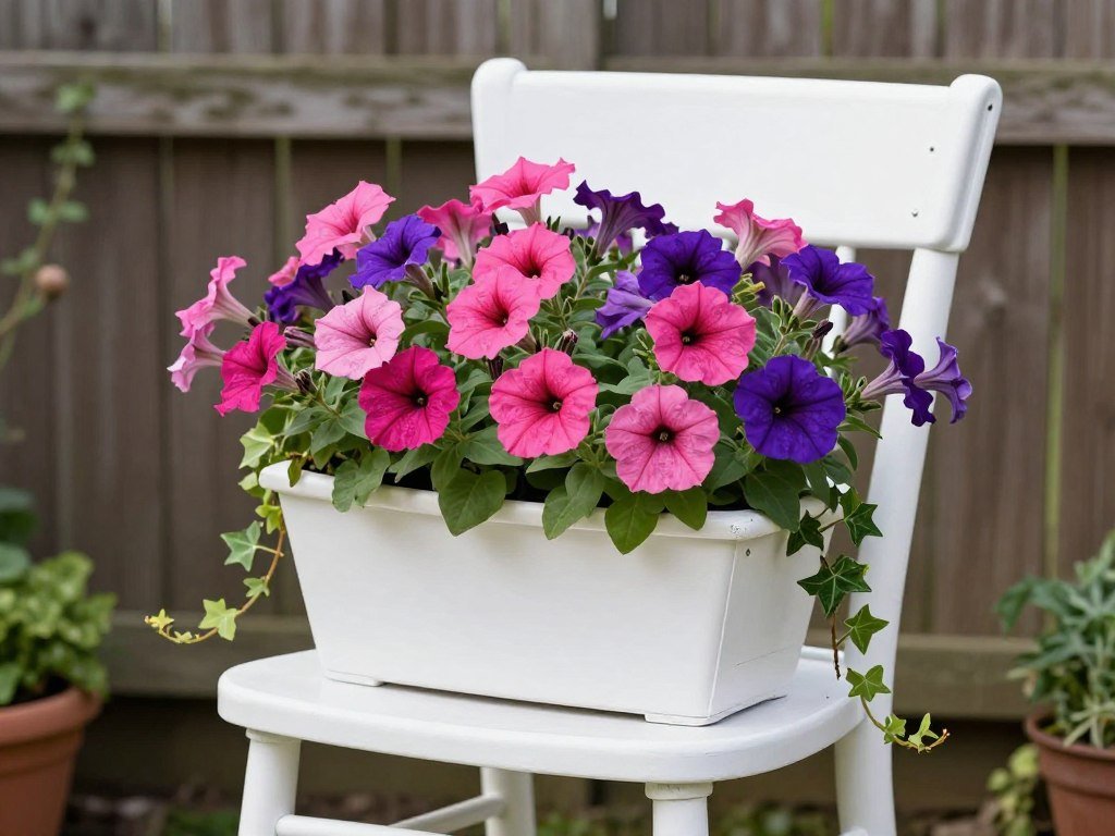 An old wooden chair painted white with the seat transformed into a flower planter filled with colorful petunias and trailing ivy