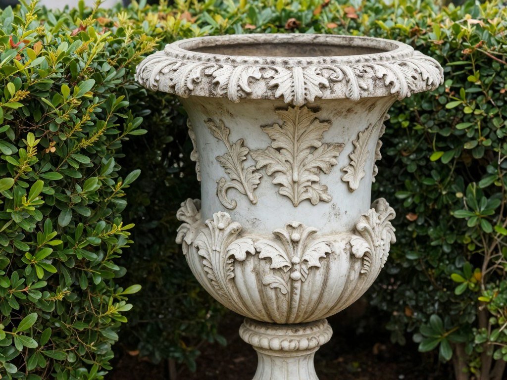An ornate classical urn planter with acanthus leaf detailing and handles placed beside formal garden hedges