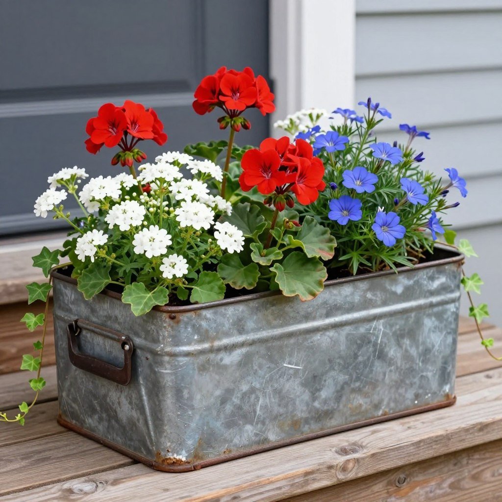 An upcycled vintage toolbox repurposed as a planter filled with colorful annuals and trailing vines