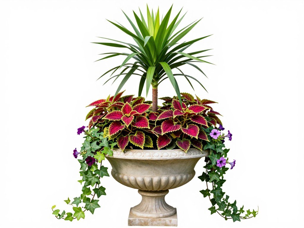 An urn planter demonstrating the thriller, filler, spiller method with labeled plants