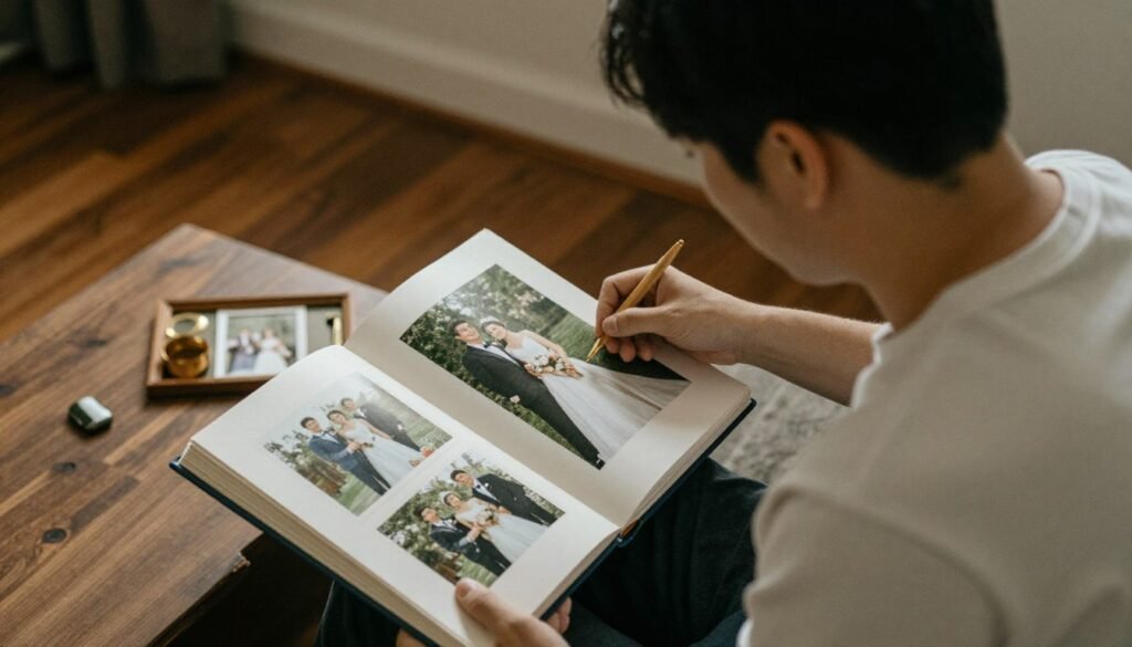 Anniversary photo with couple holding their wedding album and photos Anniversary photo with couple holding their wedding album and photos