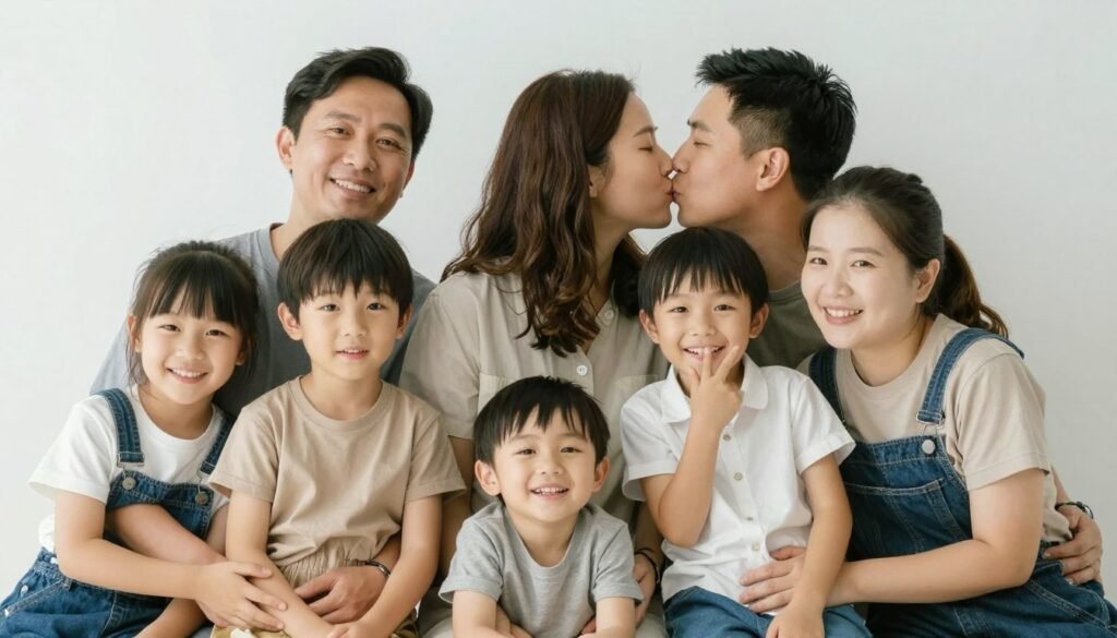 Anniversary photo with parents and their children celebrating together Anniversary photo with parents and their children celebrating together