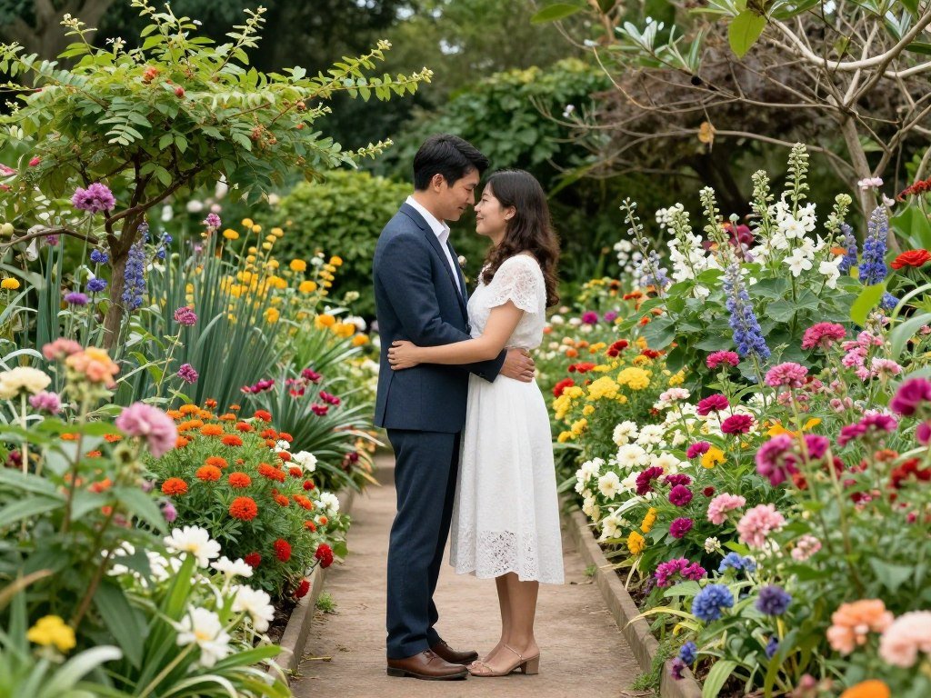 Anniversary photoshoot in blooming garden with couple among flowers Anniversary photoshoot in blooming garden with couple among flowers