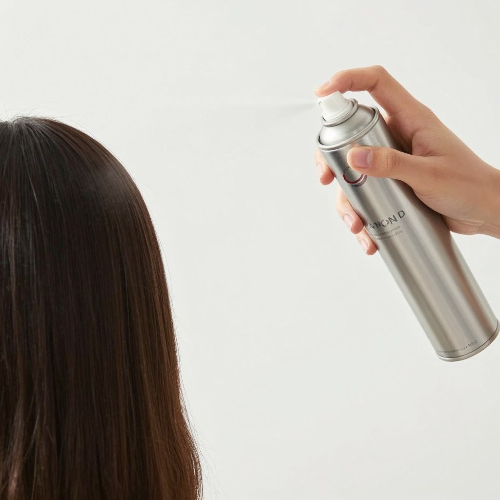 Applying hairspray to finished hairstyle