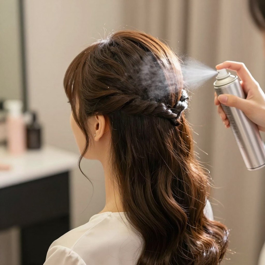 Applying shine spray to bridesmaid hair for glossy wedding photo finish