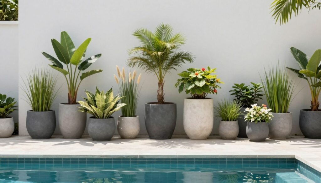 Artfully arranged planters of varying heights creating visual interest around a rectangular pool Artfully arranged planters of varying heights creating visual interest around a rectangular pool