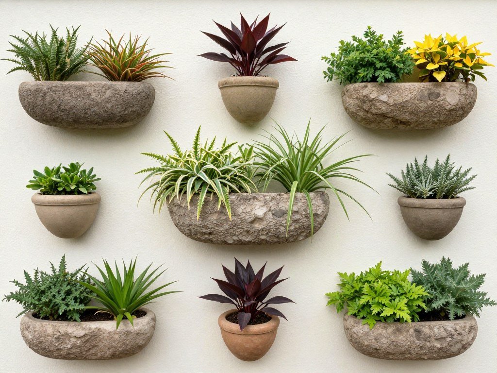 Artistic arrangement of wall planters creating visual impact on an outdoor wall
