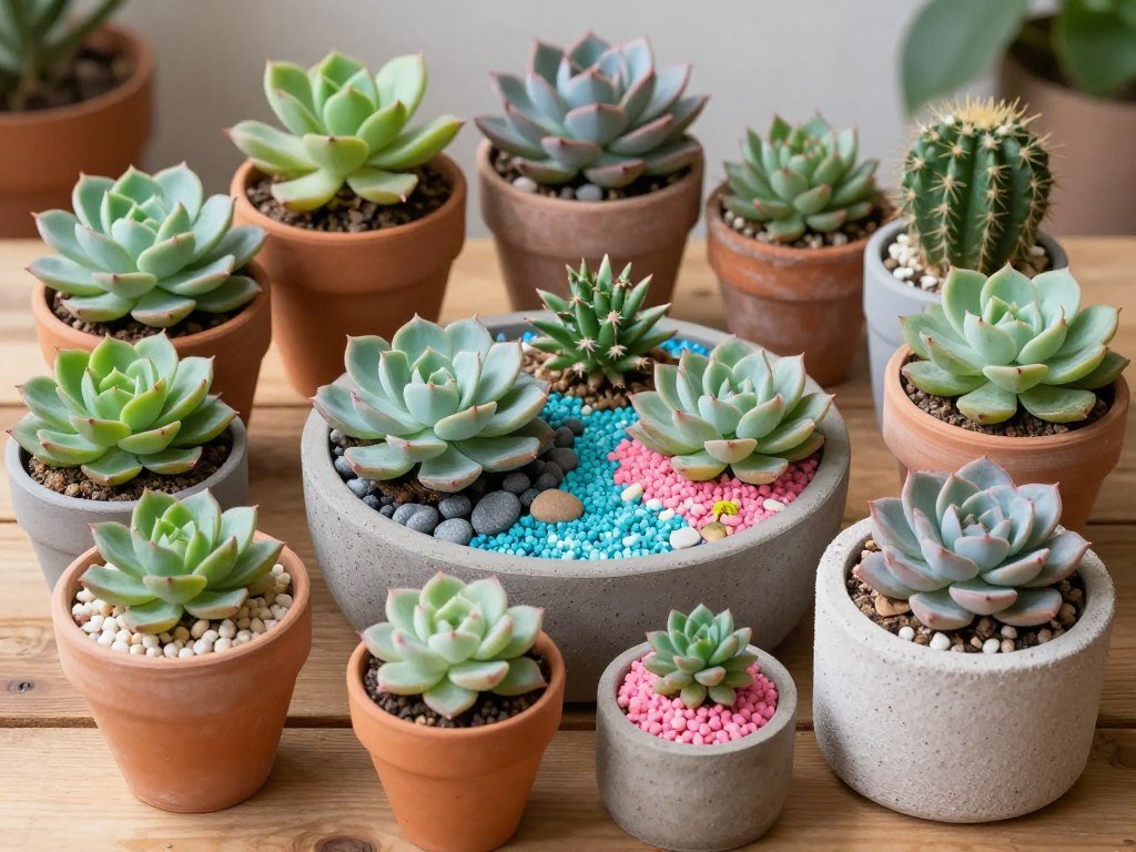 Artistic succulent arrangement in shallow containers with decorative stones and miniature accessories Artistic succulent arrangement in shallow containers with decorative stones and miniature accessories