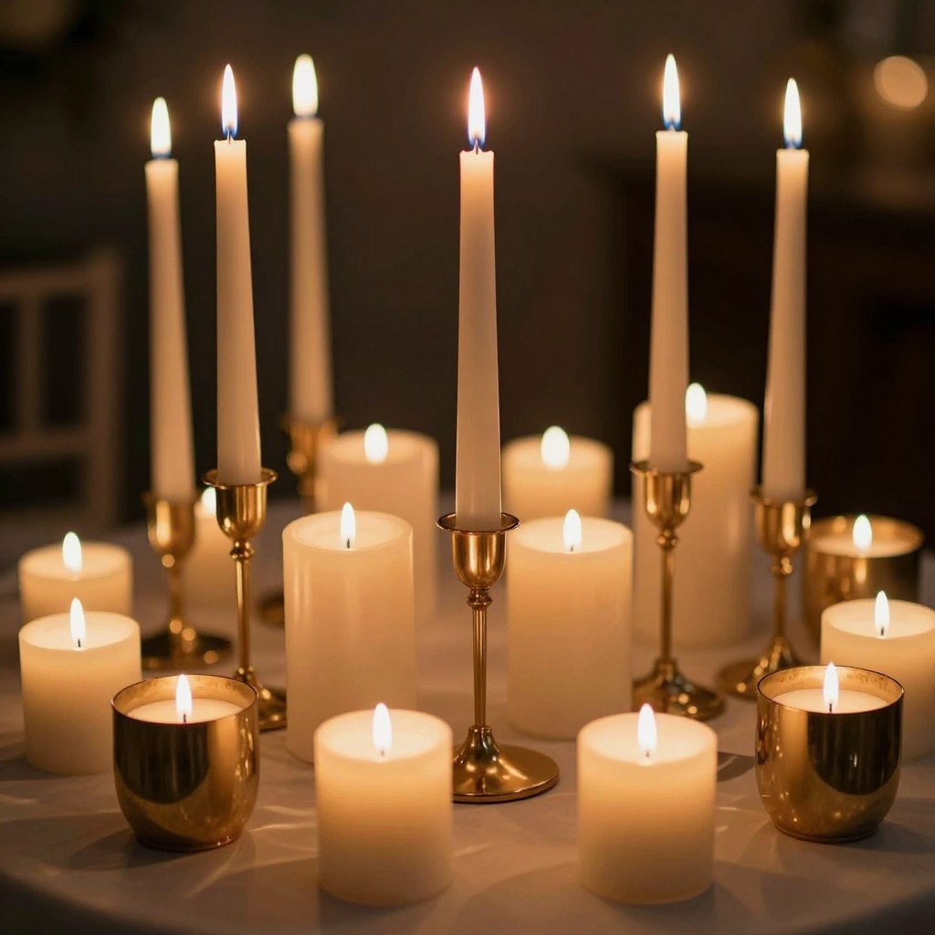 Assorted candles in gold holders creating romantic lighting