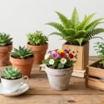 Assorted creative planters arranged on a wooden table with various succulents and flowering plants