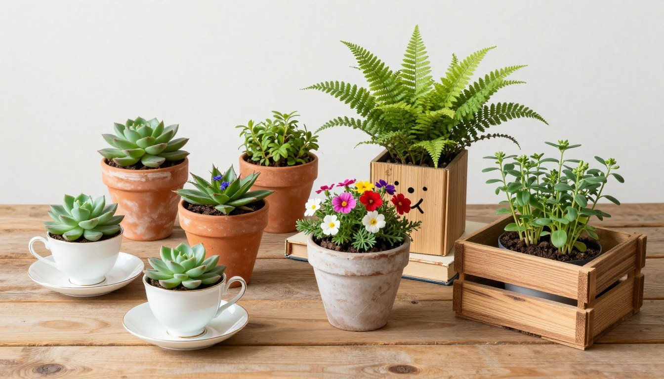 Assorted creative planters arranged on a wooden table with various succulents and flowering plants