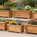 Assortment of cedar planter boxes in a garden setting with various plants and flowers
