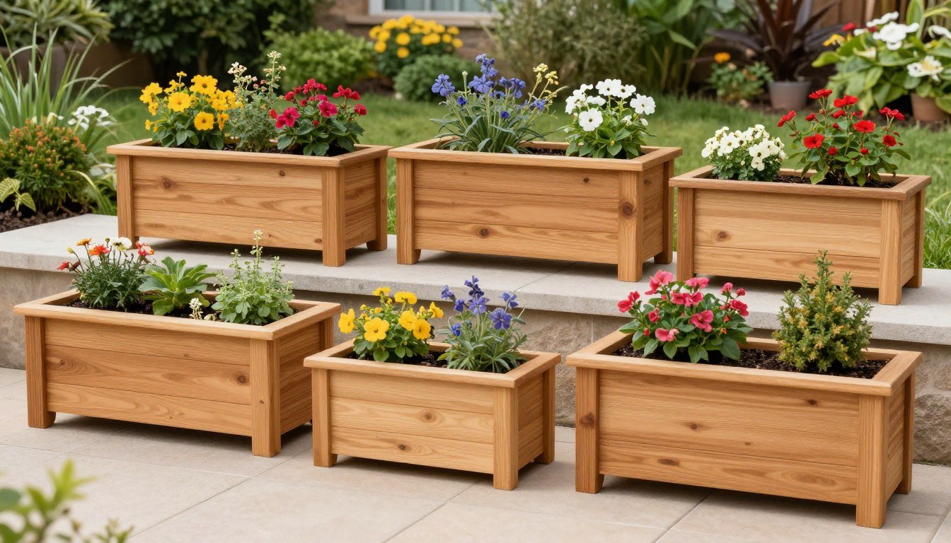 Assortment of cedar planter boxes in a garden setting with various plants and flowers