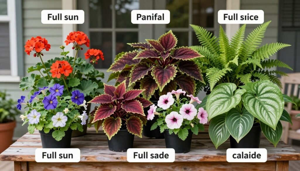 Assortment of plants suitable for front porch planters in different light conditions
