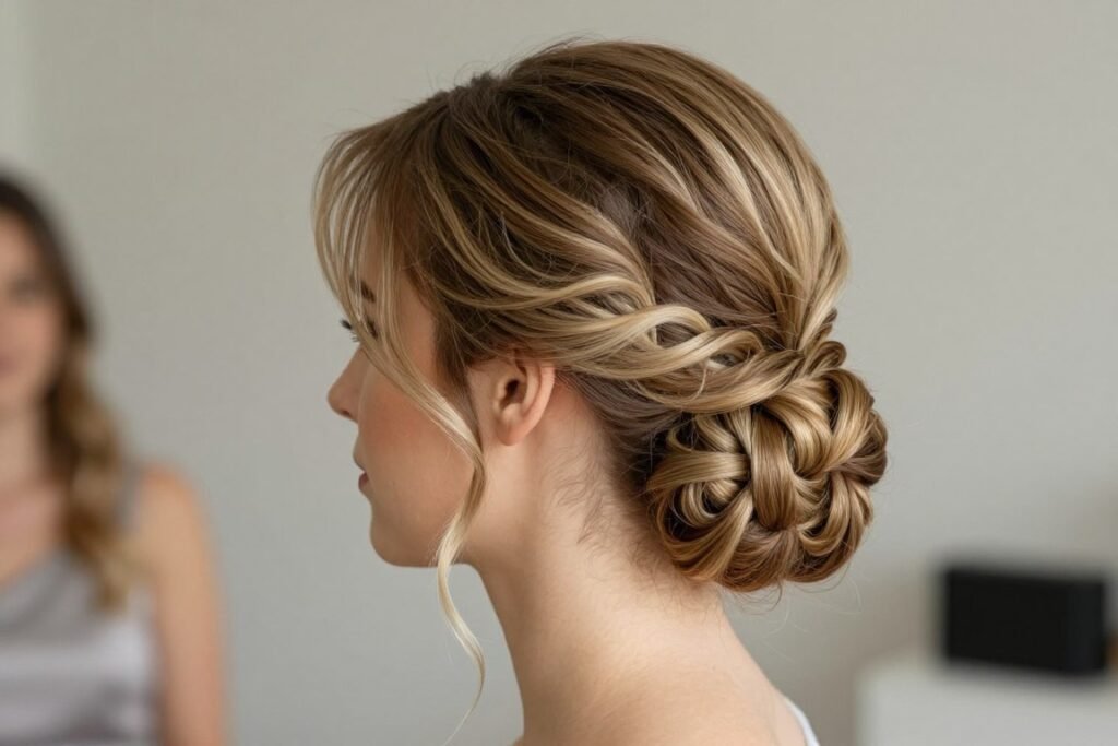 Asymmetric side updo bridesmaid hairstyle for contemporary modern wedding
