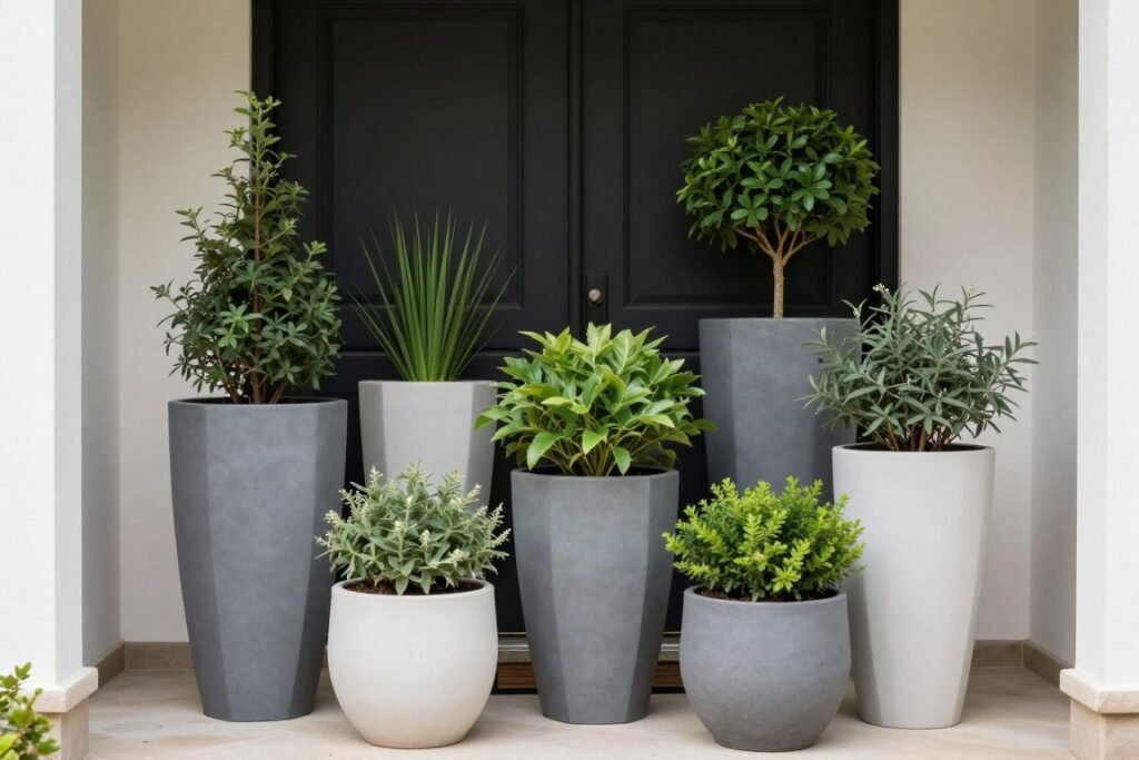 Asymmetrical arrangement of tall planters with varied heights creating dynamic visual interest Asymmetrical arrangement of tall planters with varied heights creating dynamic visual interest