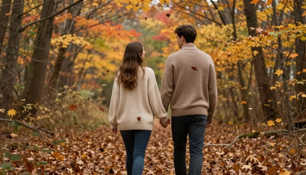 Autumn anniversary photo with couple surrounded by fall foliage Autumn anniversary photo with couple surrounded by fall foliage