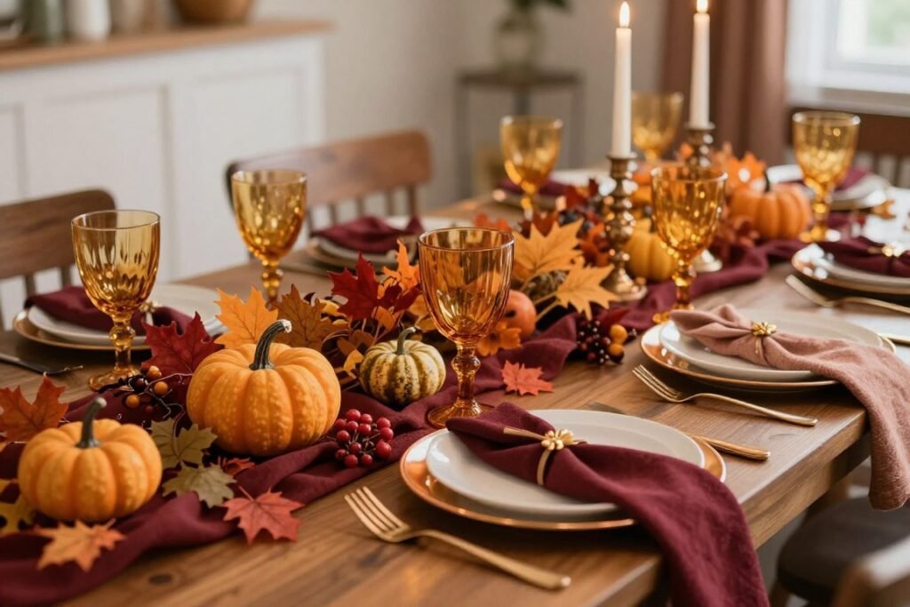 Autumn bridal shower table with rich colors, seasonal foliage, pumpkins, and warm metallic accents