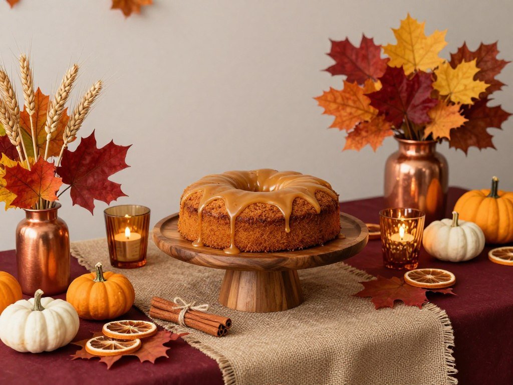 Autumn cake table with rich colors, mini pumpkins, fall leaves, and warm metallic accents