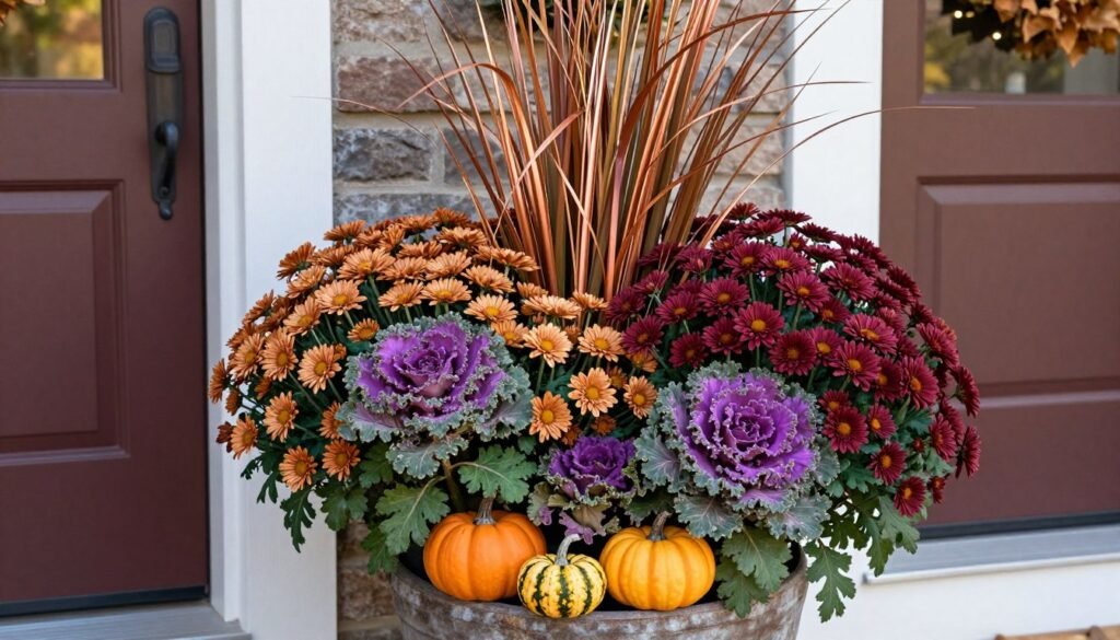 Autumn front door planter with chrysanthemums, ornamental kale, ornamental grasses and small pumpkins Autumn front door planter with chrysanthemums, ornamental kale, ornamental grasses and small pumpkins