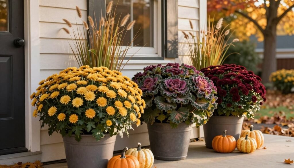 Autumn front porch planters with mums, ornamental cabbage, and decorative pumpkins Autumn front porch planters with mums, ornamental cabbage, and decorative pumpkins